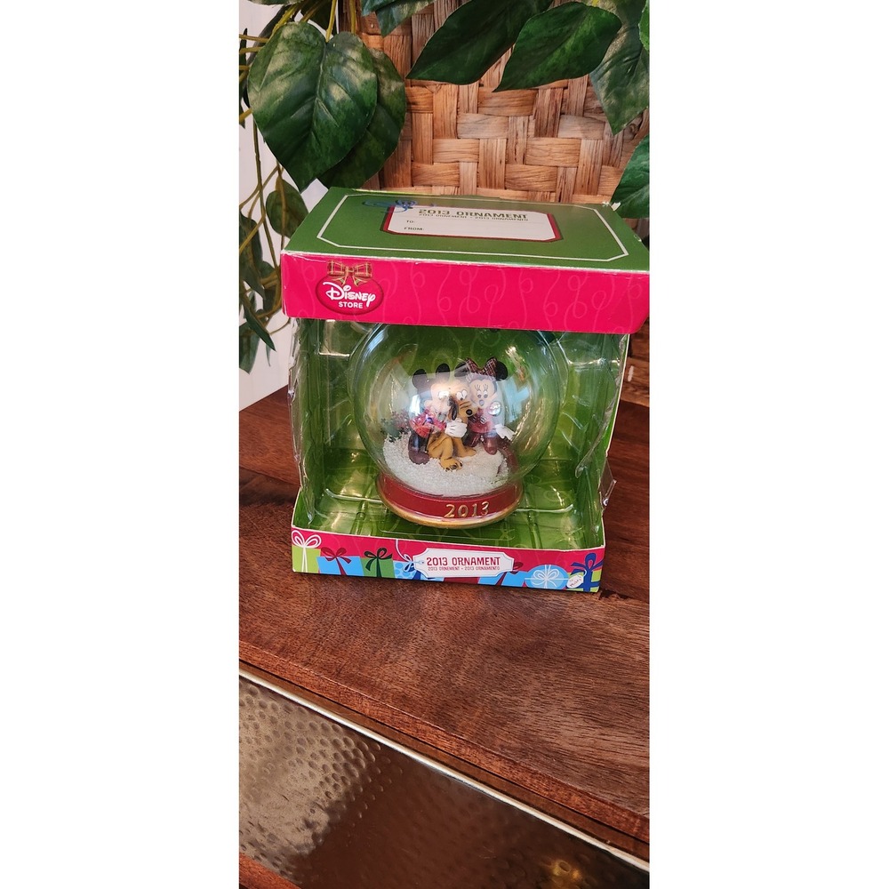 Disney Store 2013 Mickey Minnie Pluto Glass Snow Globe Christmas Ornament NIB